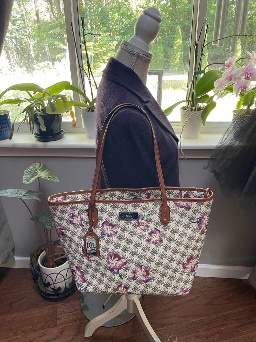 Ralph Lauren Cream Tote with Purple Floral Print and Brown Trim